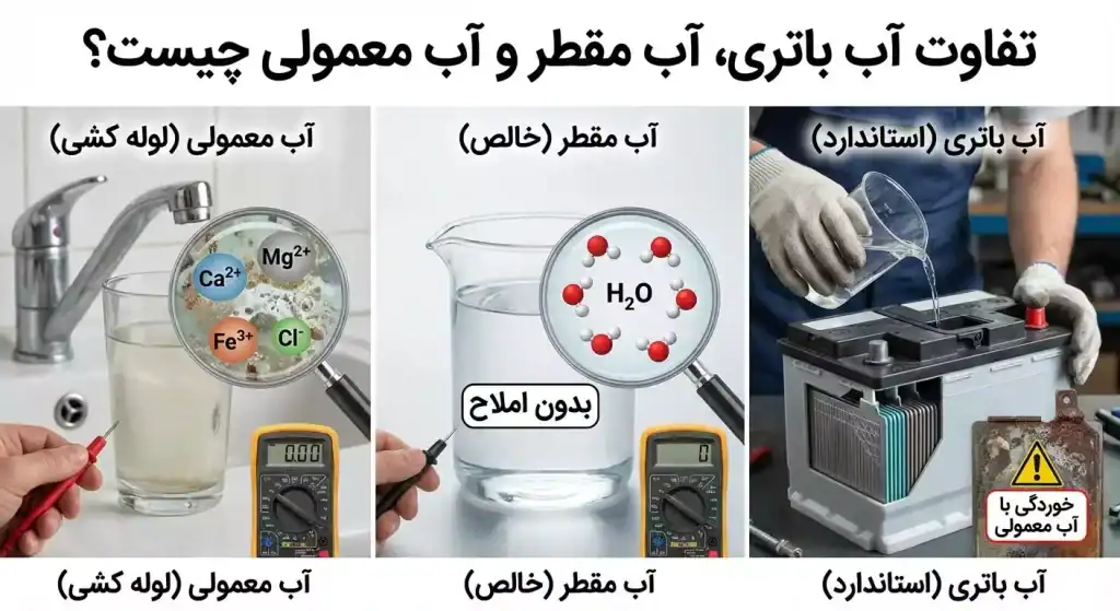 تفاوت آب باتری، آب مقطر و آب معمولی چیست